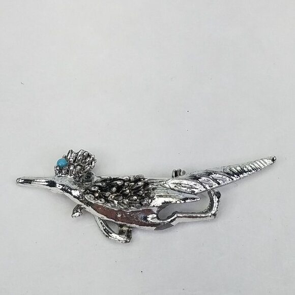 ROADRUNNER Pin Bird Brooch Blue Eye Unsigned Silver Tone Metal Lapel Hat Vintage - Picture 5 of 10
